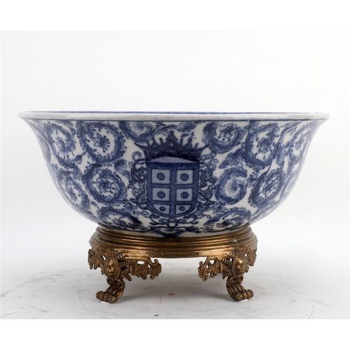 Porcelain Blue/White Happiness Round Bowl/Planter with Bronze Ormolu-12'' x 7''H - Picture 1 of 7