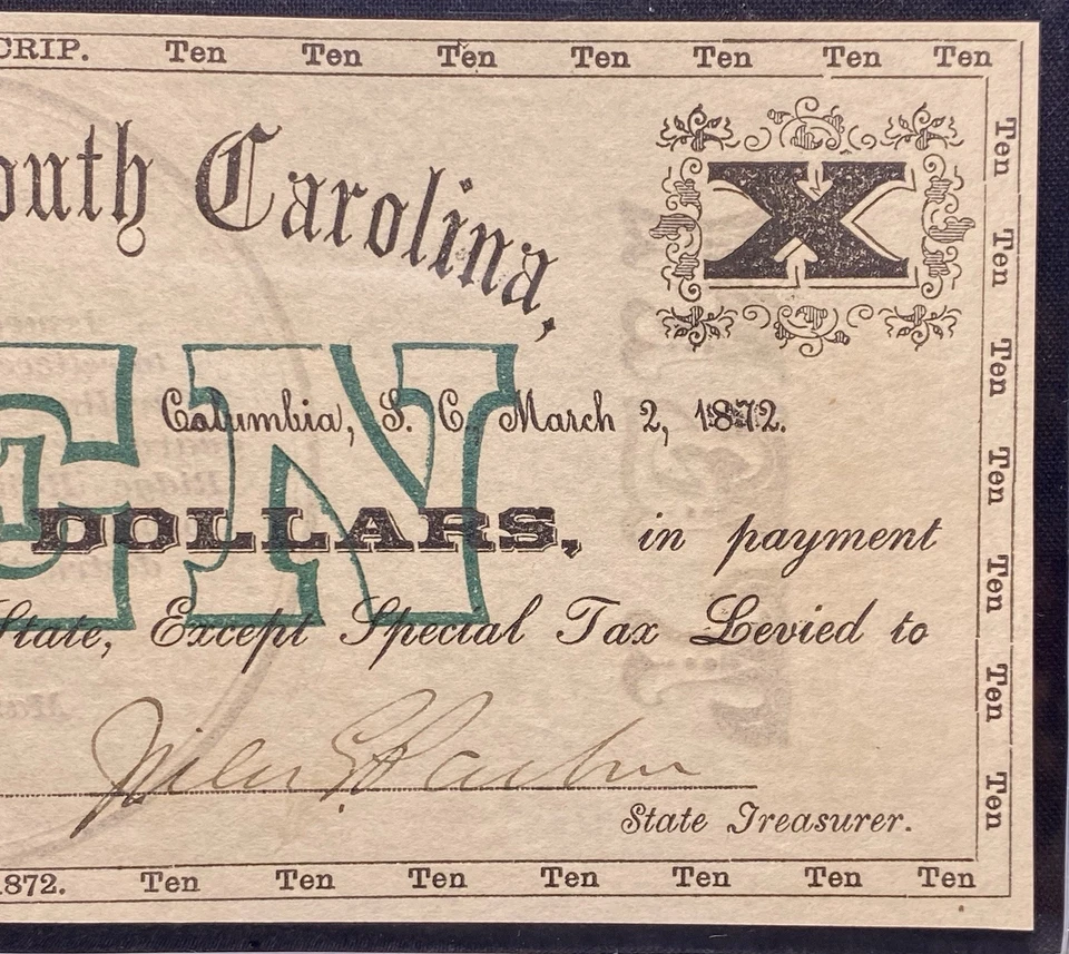 1872 SOUTH CAROLINA Columbia $10 Railroad Obsolete Banknote Currency PCGS ChAU58 - Image 4 of 4