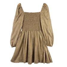 Kourt Mustard Yellow Geometric Fan Print Smocked Bodice Mini Dress XL Sleeve