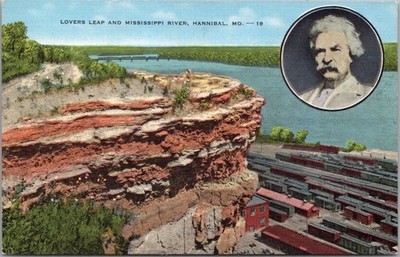 1940s HANNIBAL Missouri Postcard ''Lovers Leap & Mississippi River'' / MARK TWAIN
