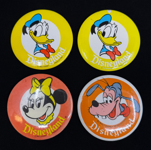 Lot of 4 Vintage Disneyland Pinback Buttons Goofy Minnie Mouse Donald Duck 3 1/2