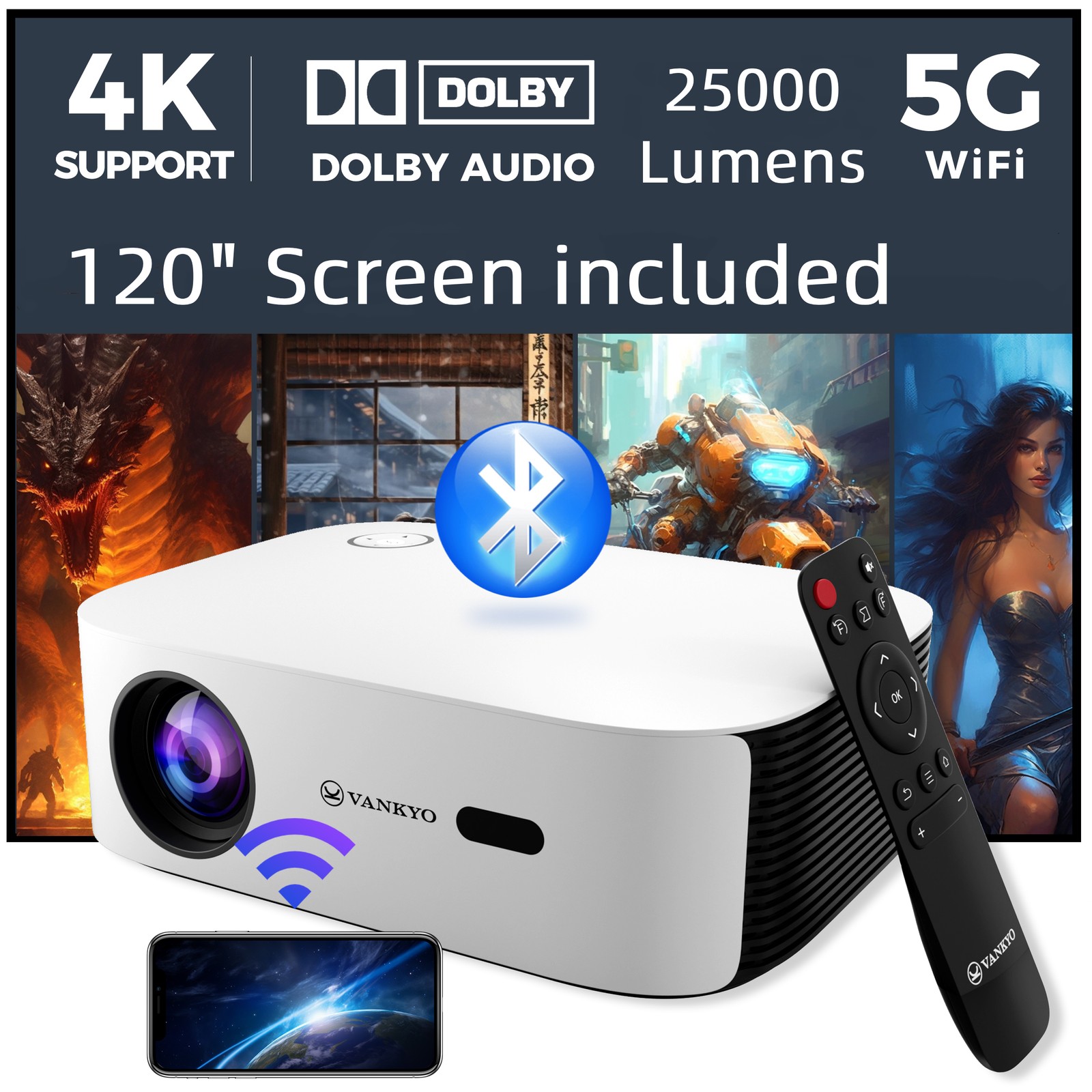 4K Projector Dolby 45000LMS 5G WiFi Bluetooth Video Home Theater W/ 120" Screen