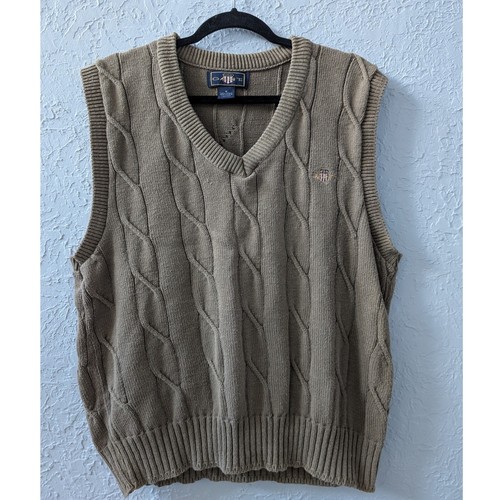 Gant, Vintage GANT USA Cable Knit Sweater Vest Mens M Cotton Made in USA Taupe