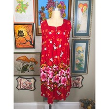 Ui-Maika Hawaii 1960s Sun Dress Red Floral Cotton Tea Length Hawaiian MuuMuu