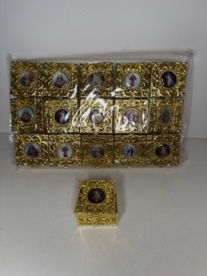 Gold Metal Religious Blessing Trinket Ring Box Rosary Jewelry Catholic NEW