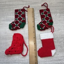 Vtg Needlepoint Plastic Canvas Ornaments. Set Of 4 Christmas Stockings. One Cro