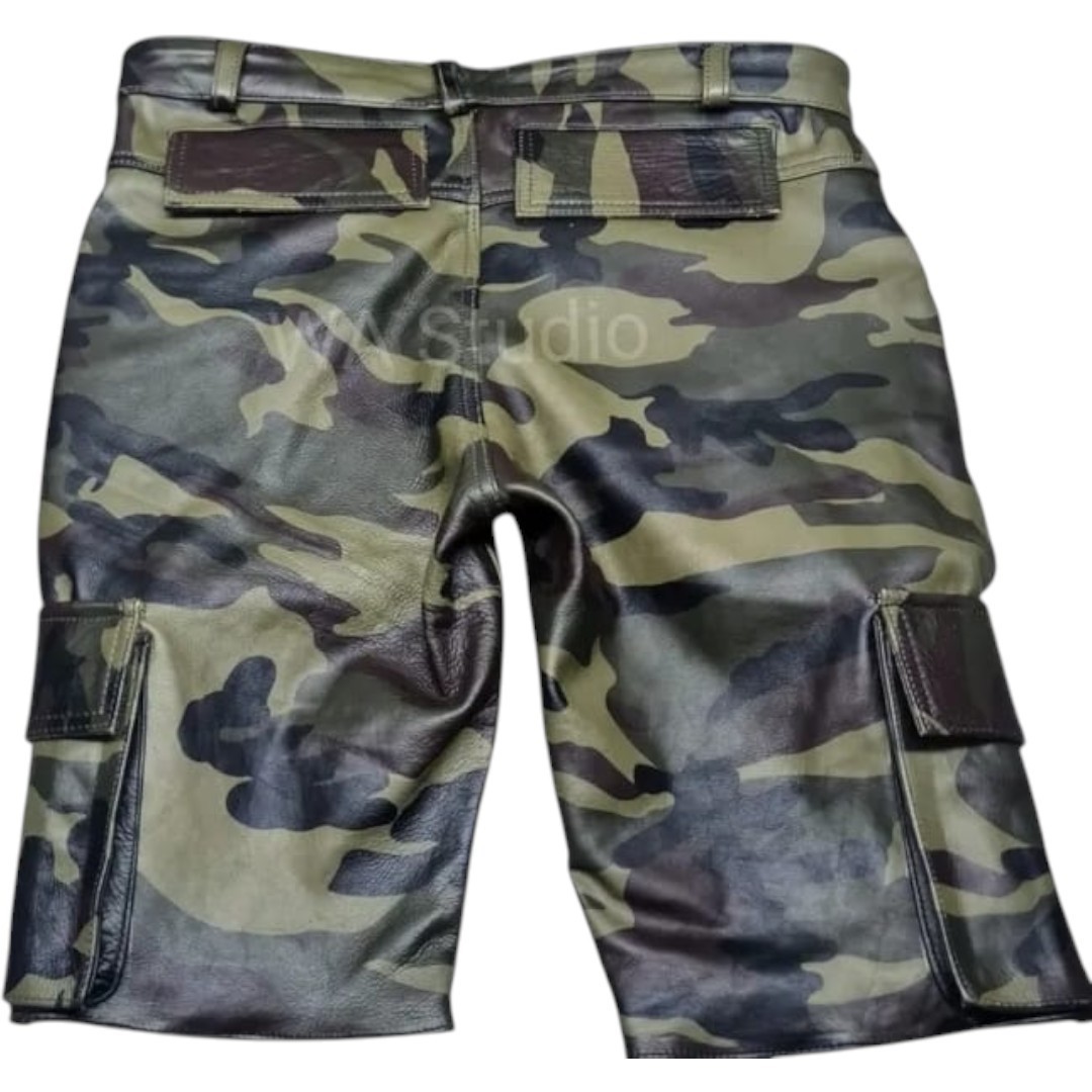 Mens Camo Cargo Leather Shorts Stylish Army Green Camouflage