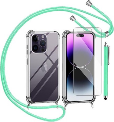 Hülle für iPhone 14 Pro 6.1 Zoll Glasbildschirm Lanyard Grün