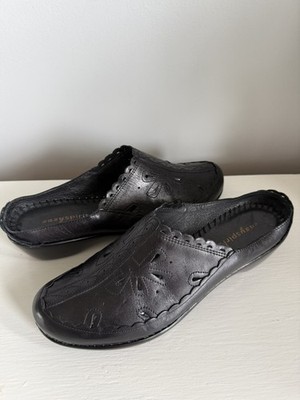 Easy Spirit Dizzy Black Leather Cut Out Design Slip On Mule Clog Women s 7.5