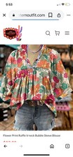 Womens Blouse Flower Print Ruffle V Neck Summer Cool Colorful Top Size Medium