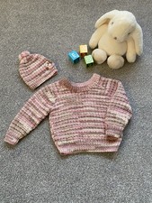 Hand Knitted Pink/Cream/Brown Jumper and Hat Age 3-6 Months