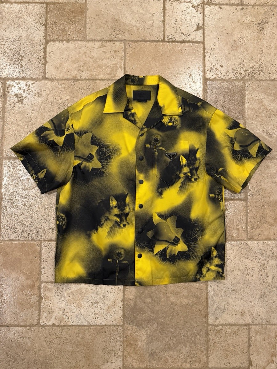 Prada Abstract Fox-Print Yellow Nylon Yellow Bowling Shirt | eBay