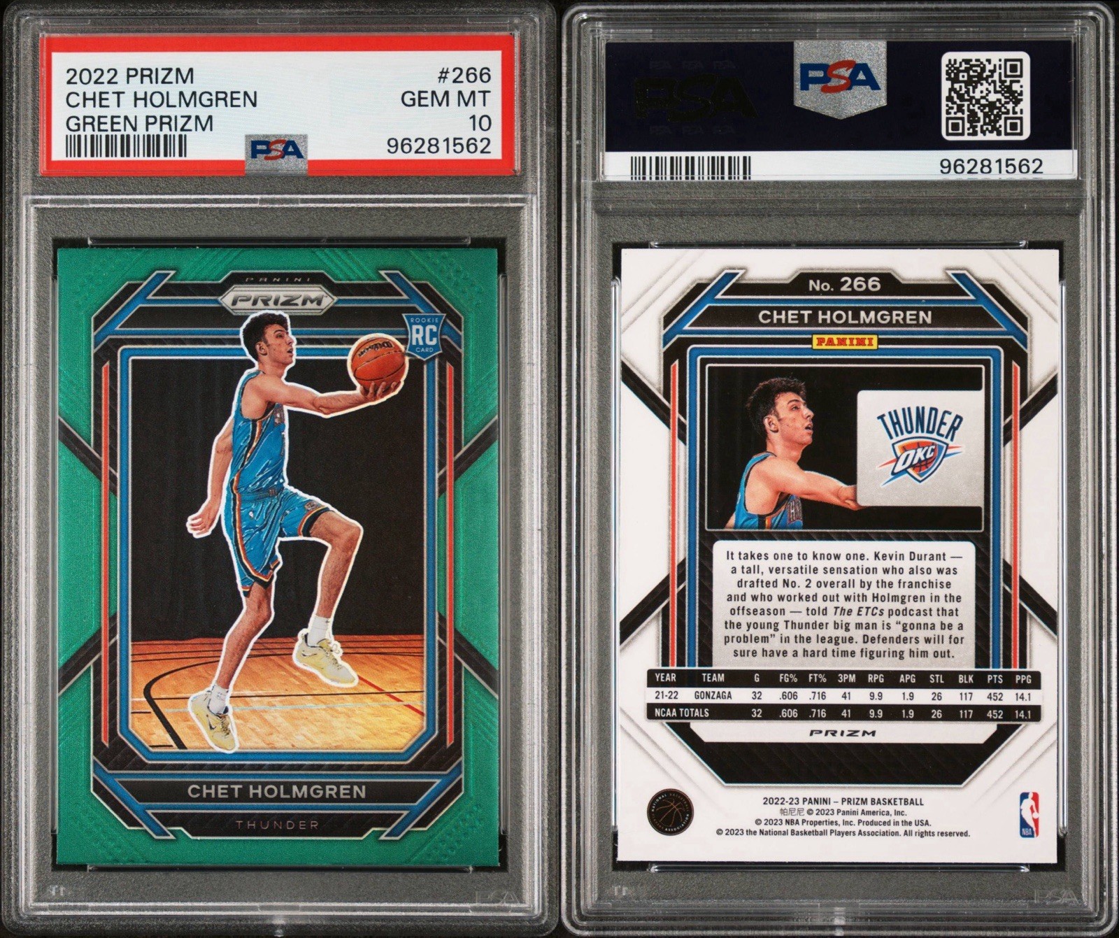 2022 PANINI PRIZM GREEN PRIZM #266 CHET HOLMGREN PSA 10 RC Rookie Thunder OKC