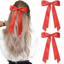 2PCS Silky Satin Hair Bows Hair Clip Red Hair Ribbon Ponytail Holder Accessories