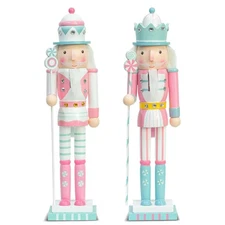 Nutcracker Pink 15-Inch Set of 2 Wooden Nutcracker Soldier Figurine Display S...