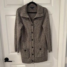 Lands End Drifter Cable Knit Cardigan Women’s M Brown Tweed Fisherman Boyfriend