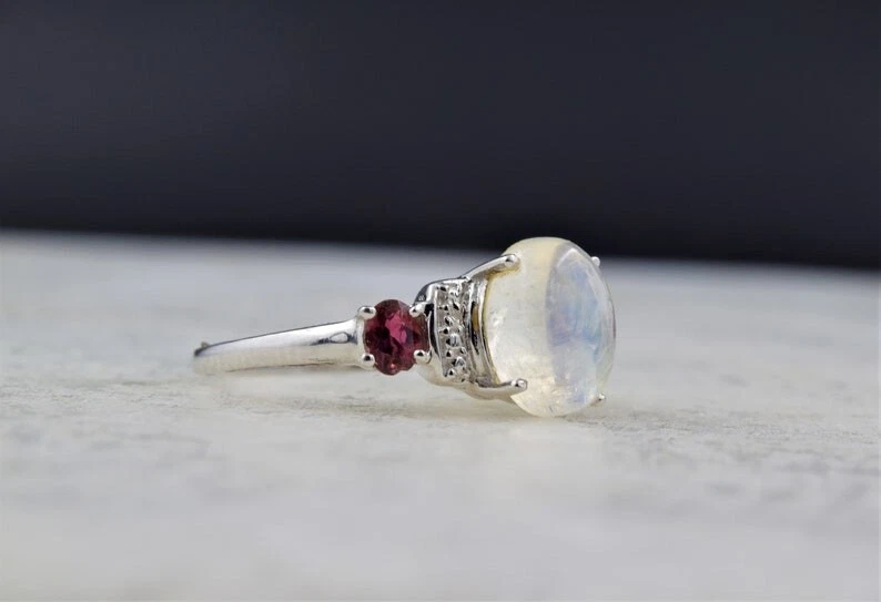 Fire Moonstone & Ruby Gemstone Cluster Ring 925 Sterling Silver Engagement Ring - Image 2 of 4