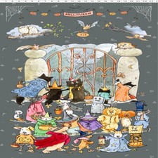 Clothworks Halloween Parade Trick Treat Cute Cat Dog Owl Bat 100% Cotton Panel