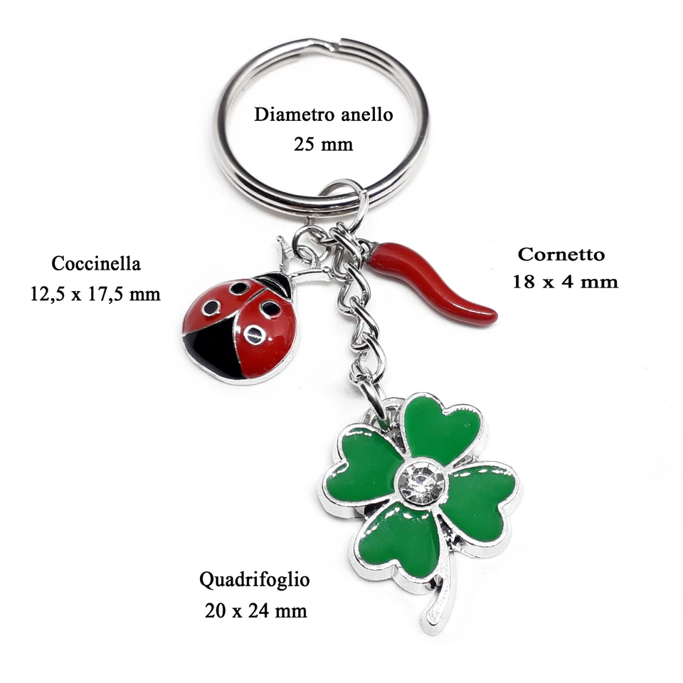 Portachiavi portafortuna corno cornetto rosso quadrifoglio verde coccinella Arg - Immagine 2 di 4