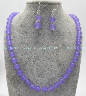 Natural 10mm Lavender Jade Round Gemstone Beads Necklace Earrings Set 18''