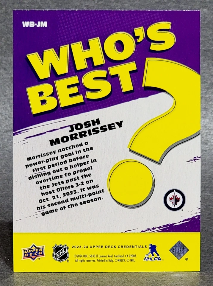 2023-24 Upper Deck Credentials Who’s Best #WB-JM Josh Morrissey - Image 2 of 2