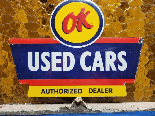 VINTAGE OK PORCELAIN OLD USED CARS SIGN CHEVROLET TRUCK DEALER SERVICE SALES 12"