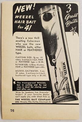 1941 Print Ad Hair & Feather Fishing Lures Muskie Weezel Bait Cincinnati,Ohio