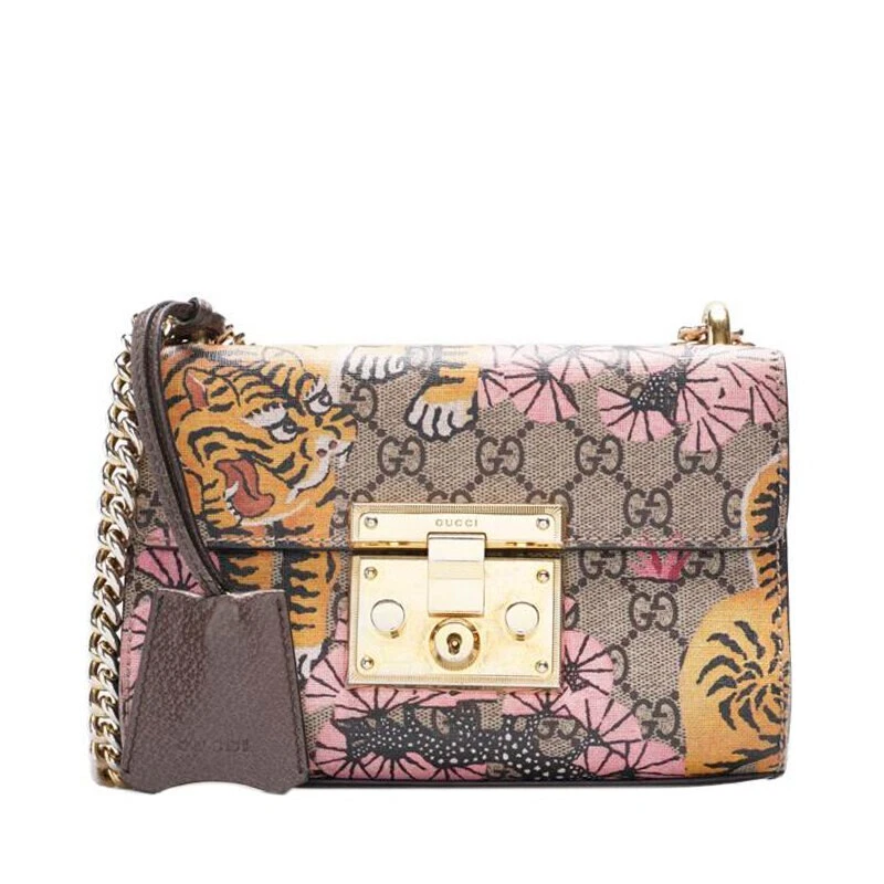 Petit sac à bandoulière Gucci marron GG tigre cadenas chaîne à rabat