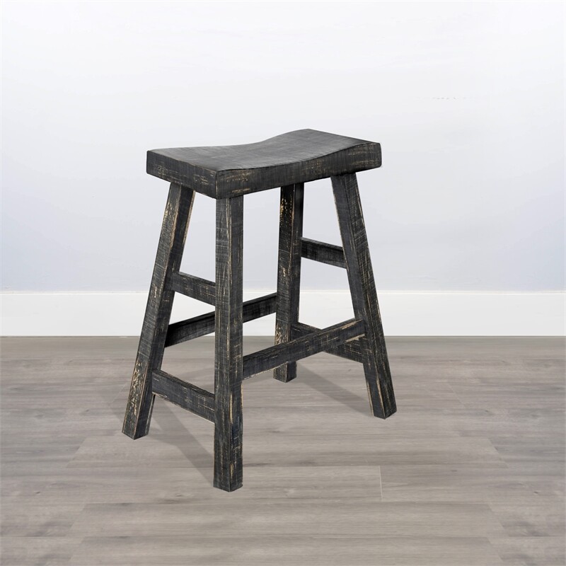 Pemberly Row Contemporary 24" Mahogany Wood Saddle Seat Stool in Black
