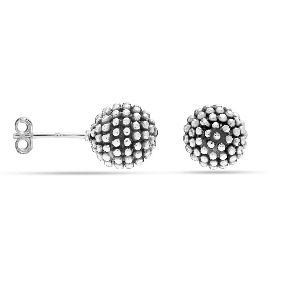 Pure 925 Sterling Silver Stud Earring Oxidized Caviar Beaded Ball Post for Women - Image 4 of 4