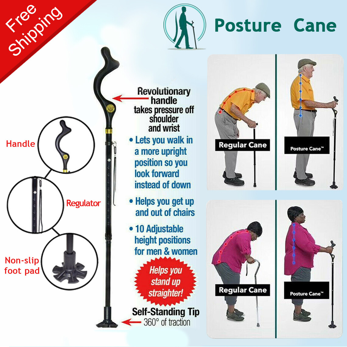 Posture Correction Walking Stick Cane - Self Standing Adjustable Height Foldable View 2