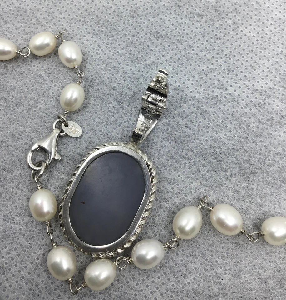 Collar de perlas de agua dulce de plata 925 Italia con colgante ovalado druzy de titanio dorado Foto 4 de 4