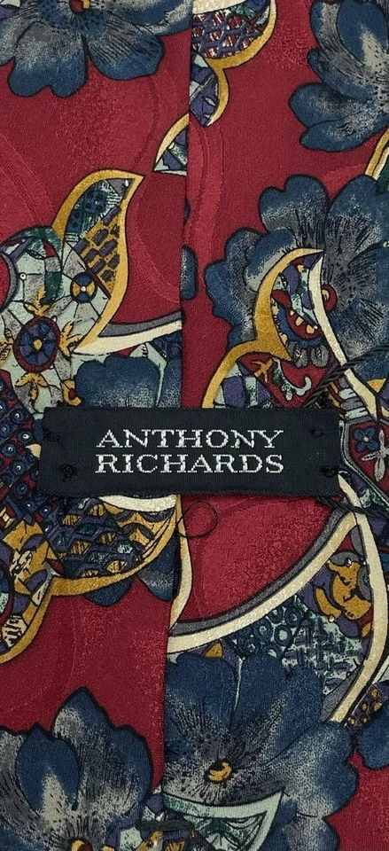 Corbata 100 % seda para hombre Anthony Richards ~ roja ~ floral ~ ¡Hecha en EE. UU.! Foto 4 de 4