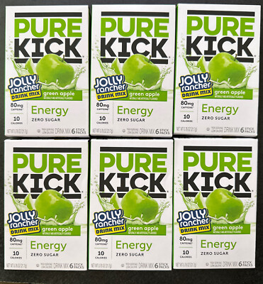 6 Boxes Pure Kick Energy Drink Mix Jolly rancher Green Apple Singles to GO