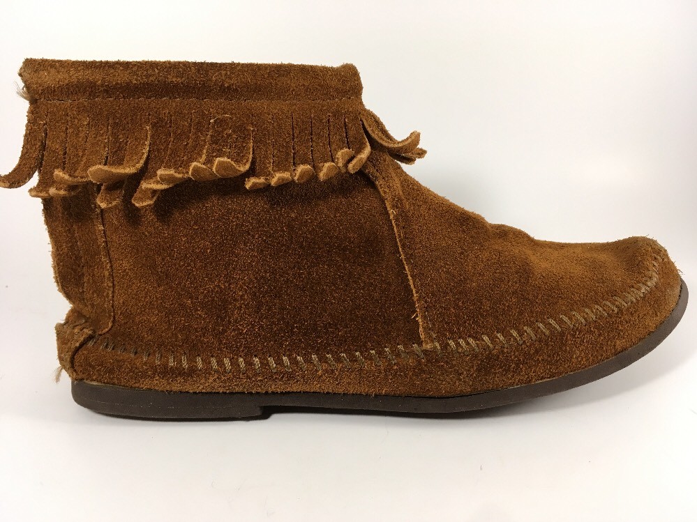 Fringe Moccasins Suede Leather Ankle Height Brown Women's