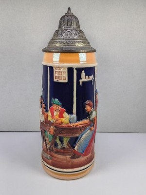 Vintage German GERZ Beer Stein Pewter Lid Relief Tavern Scene Auf Der Alm