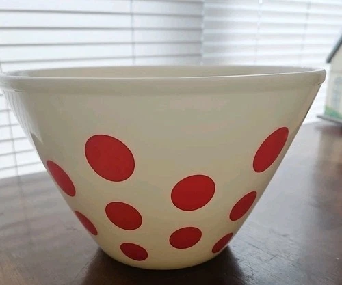 Fire King Milk Glass Red Polka Dot Large 9.5” Mixing  Bowl Vintage