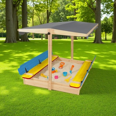 Large Wooden Sandbox Outdoor Sand Pit with Lid Cover Adjustable Canopy Foldab...