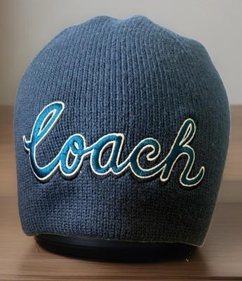 Coach Script Print Knit Beanie  Blue OSFA