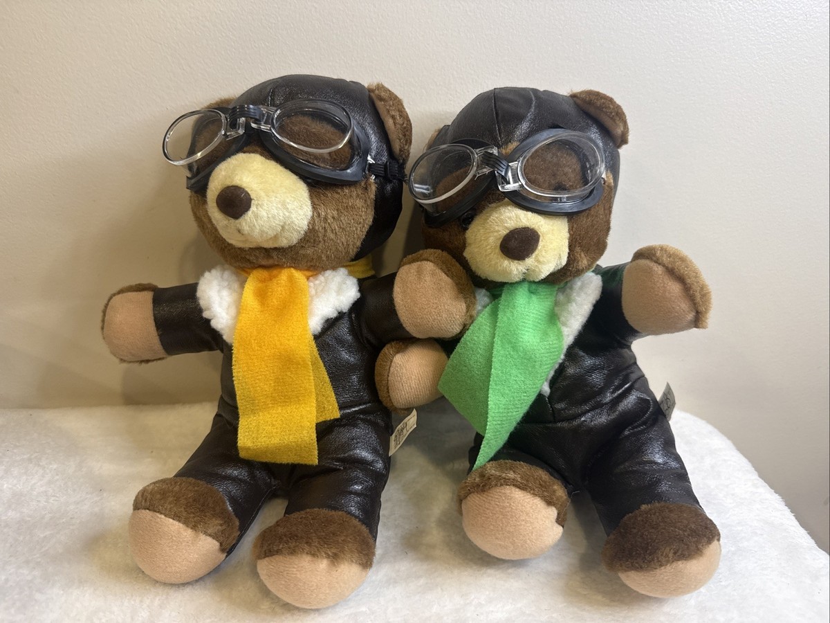 特撮 bear Lot of 2 Vintage Aviator Teddy Bear Plush with Pilot Goggles