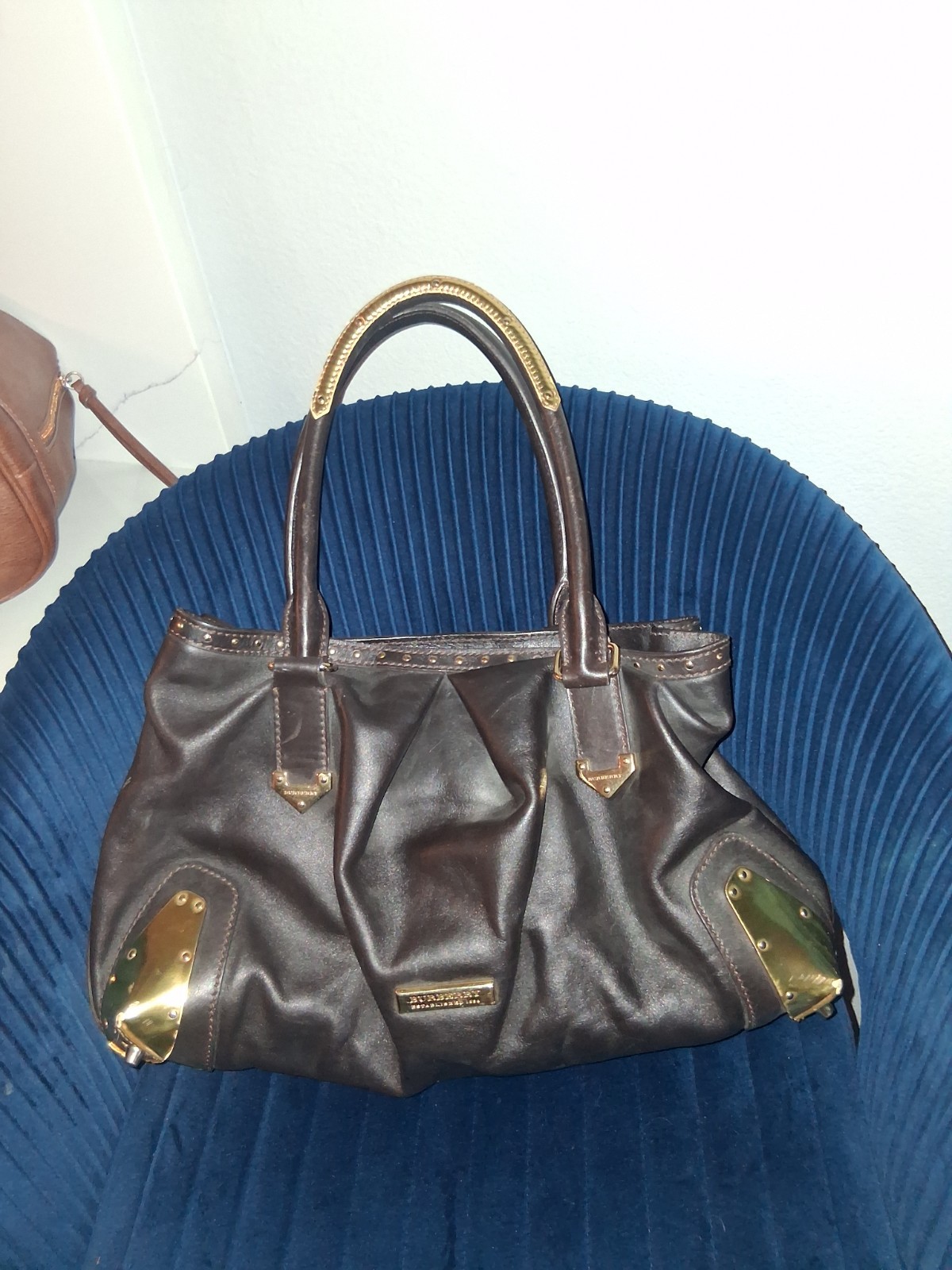 Burberry Dark Brown Leather Harwood Studded Tote Rare