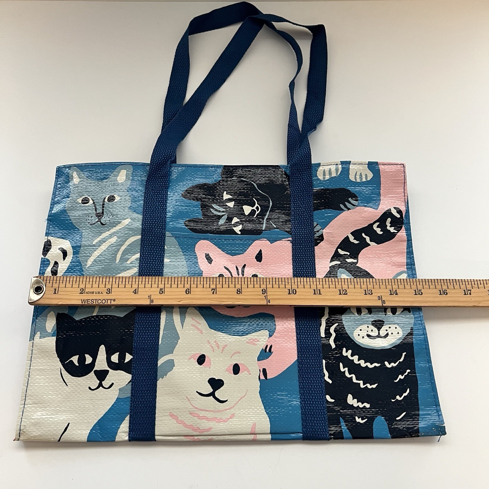 Cat Tote Blue Q Reusable Shopping Bag Heavy Duty Zipper Outer Pocket 95 Recycled