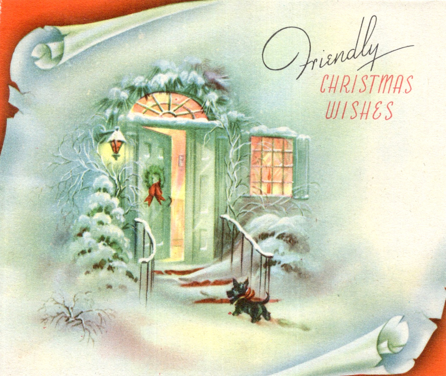 Vintage Christmas Card, SNOWY CHRISTMAS DOOR W/WREATH & SCOTTY DOG, 1940'S