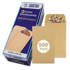500 Pcs Coin Envelopes Durable Kraft 2.25"x3.5", with Gummed Flap