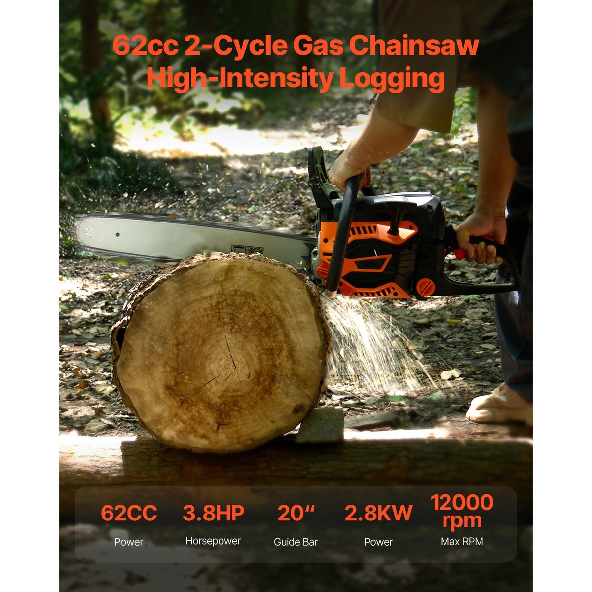 62cc Gas Chainsaw 3.8 HP Gas Powered 20 inch Chainsaw For Wood