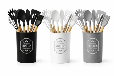 Ensemble De 8 Ustensiles De Cuisine En Silicone Avec Manche En Bois + Récipient - Photo 1/4