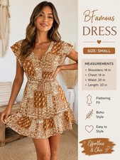 BFamous Women's S Brown White Paisley Boho Flutter Sleeve V-Neck Mini Dress