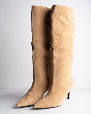Zara Womens Boots Suede Knee High Wide Leg Heeled Tan camel US 10 EU 41 NWD