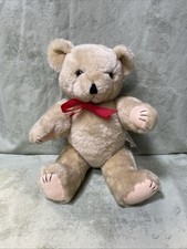 Vintage Jointed Plush Teddy Bear Tan With Red Bow Posable Stuffed Unbranded