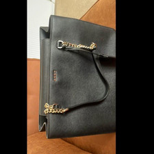 DKNY Black Faux Leather Shoulder Bag Gold Chain Hardware Zip Top Inner Pockets